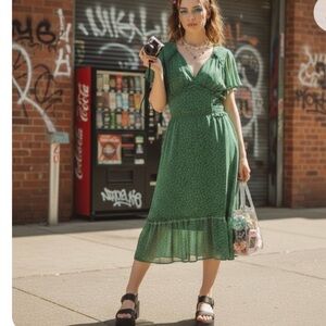 Y2K Green Dainty Floral Midi Dress Babydoll Coquette Romantic Fairy Max Studio L